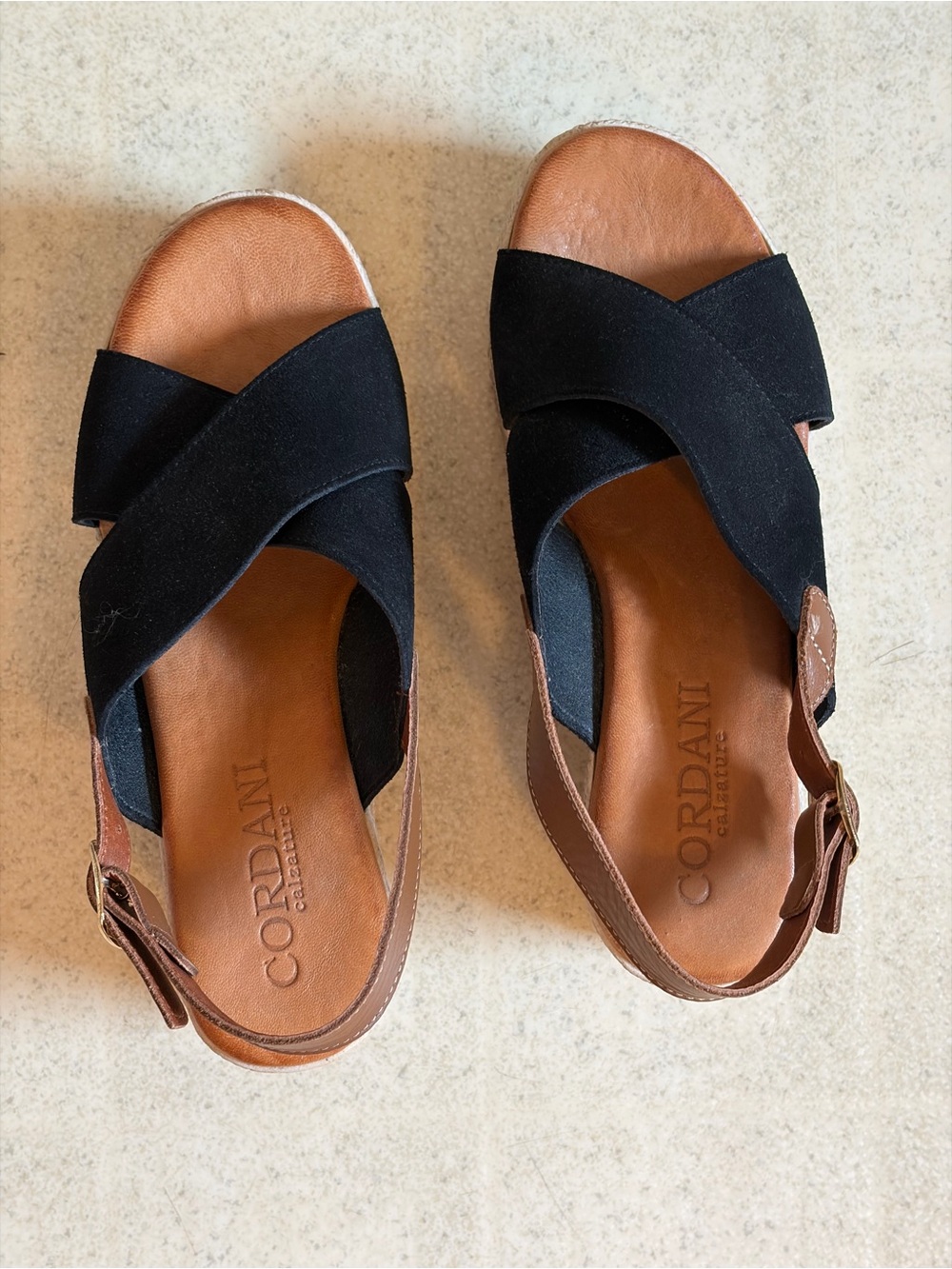 Cordani Black and Brown Crisscross Strap Sandals